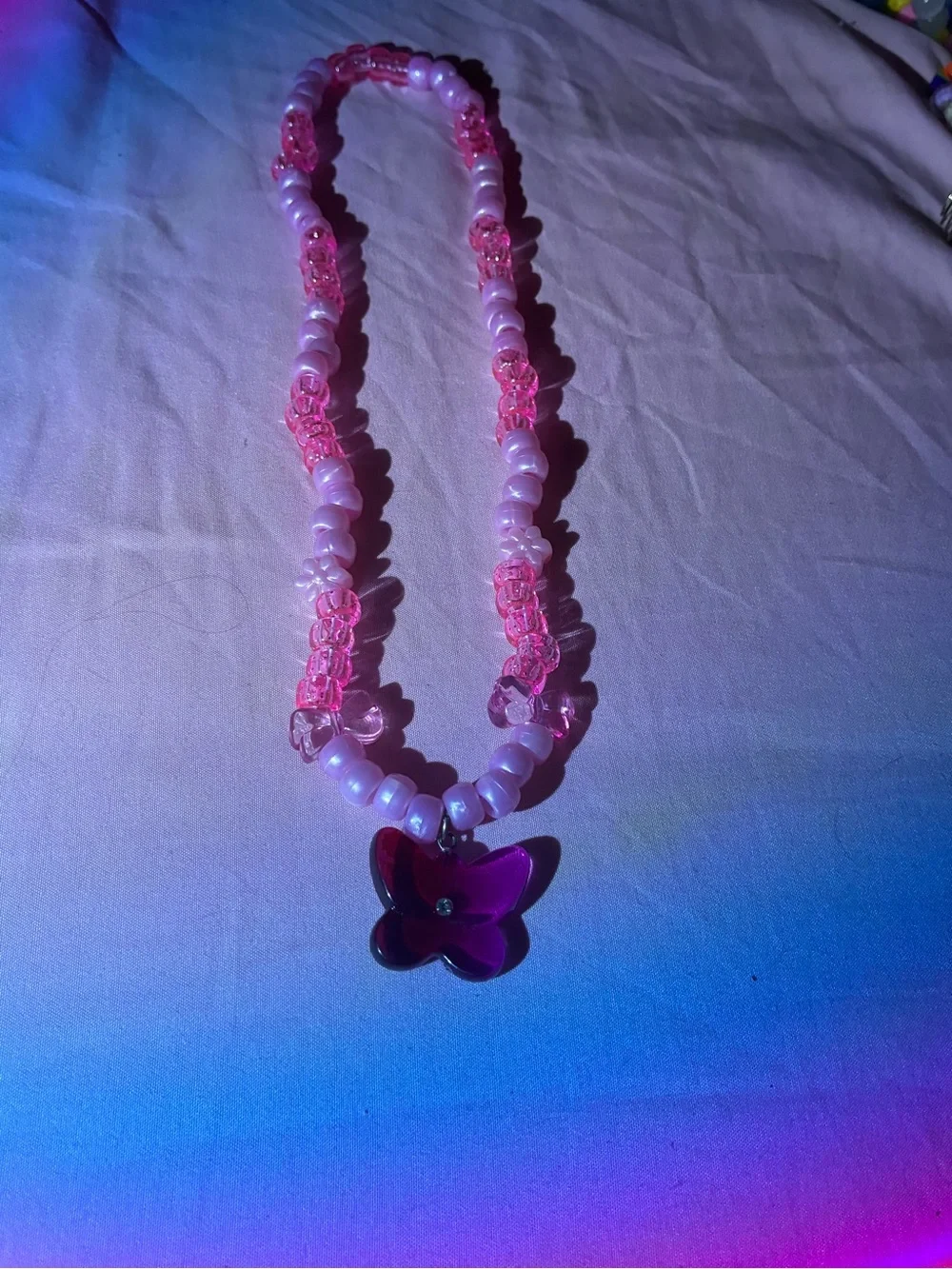 Pink Beaded Butterfly Pendant Necklace